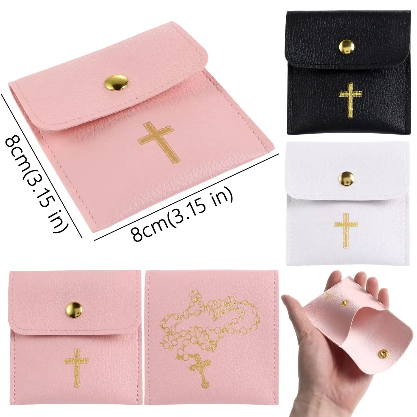 Bolsa Porta Terço em Couro com Cruz Dourada