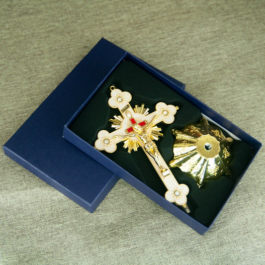 crucifixo de mesa com base dourado