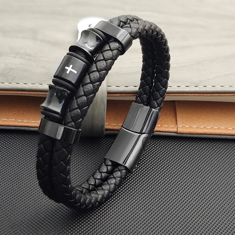 Pulseira Masculina de Couro com Cruz Devoto