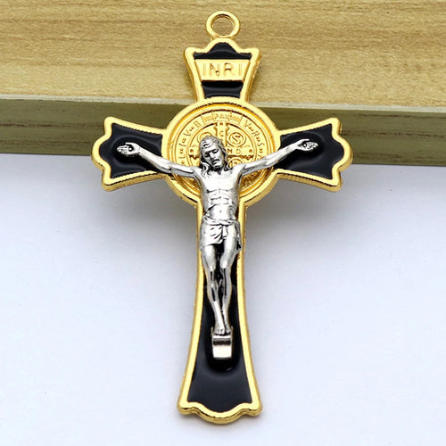 Diyalo 1 peça religiosa ouro prata cor exorcismo são bento crucifixo pingente de cruz amuletos para colar de rosário diy peças de joias