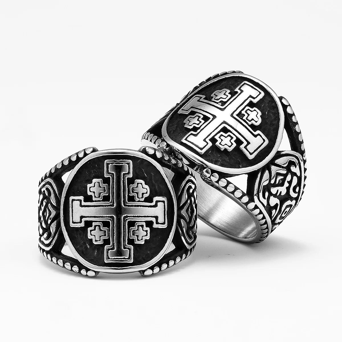 Anel Cruz de Jerusalém de Aço Inoxidável