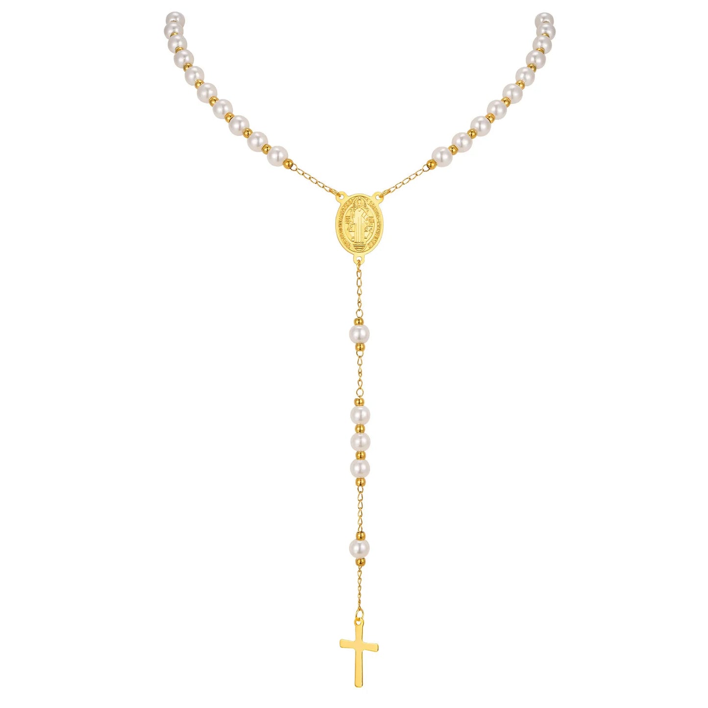 Colar Terço com Pérolas de Acrílico Banhado a Ouro 18k