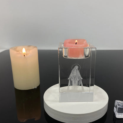 Castiçal de Cristal com Imagem de Jesus e Maria Gravado a Laser