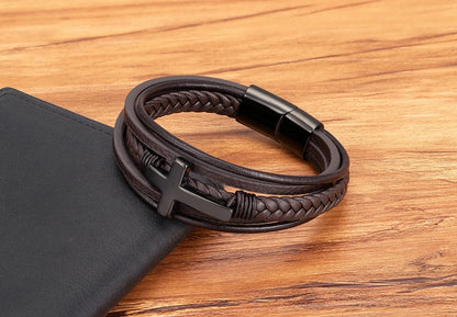 Pulseira Masculina de Couro com Cruz