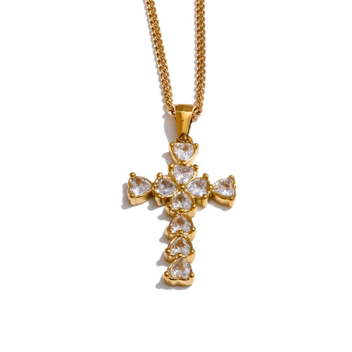 Colar de Cruz Feminino Banhado a Ouro Modelo Coração de Luz