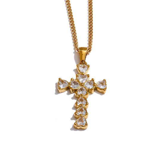 Colar de Cruz Feminino Banhado a Ouro Modelo Coração de Luz