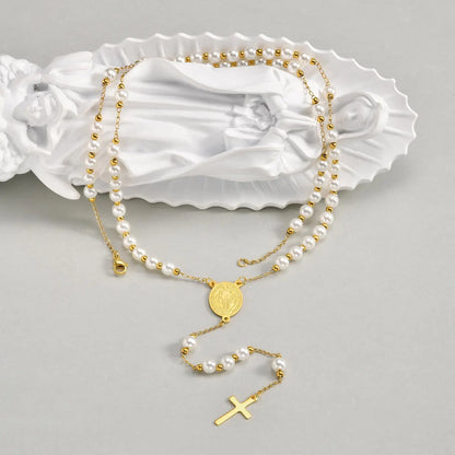 Colar Terço com Pérolas de Acrílico Banhado a Ouro 18k
