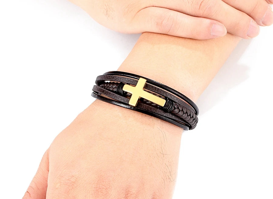 Pulseira Masculina de Couro com Cruz