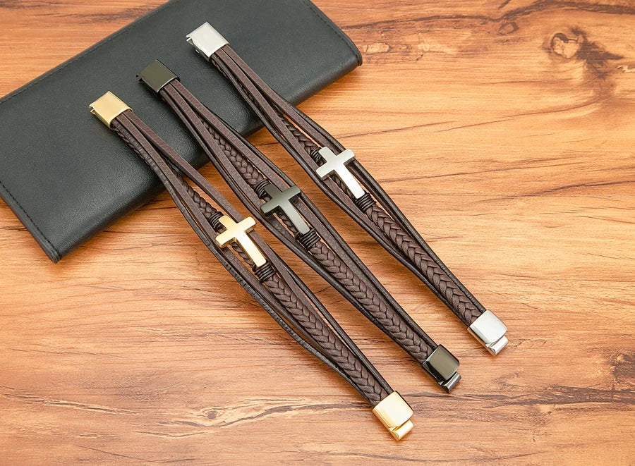 Pulseira Masculina de Couro com Cruz
