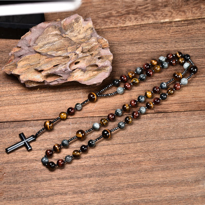 Terço com Pedra Olho de Tigre e Cruz de Hematita