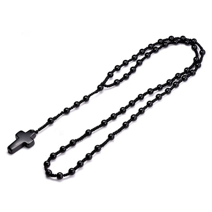 Conjunto Terço e Pulseira de Ágata Negra com Pingente de Cruz