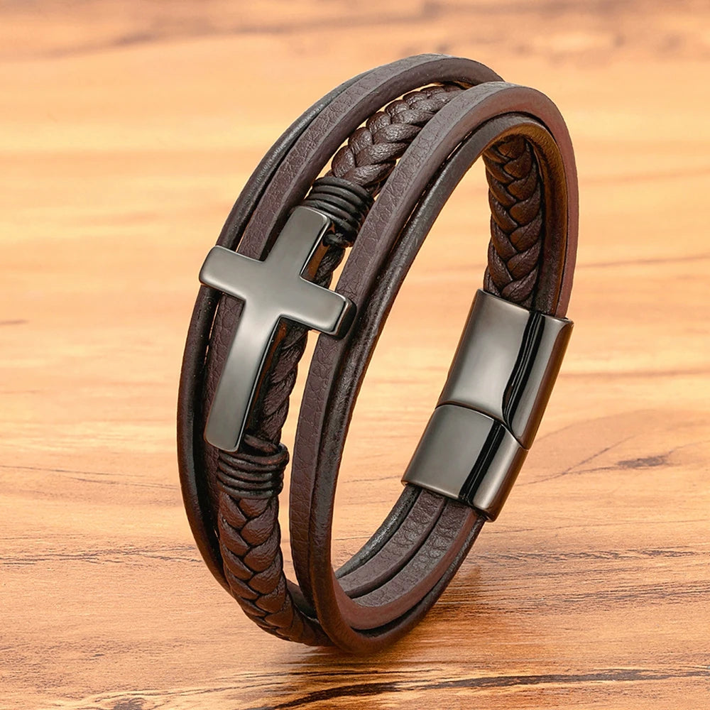 Pulseira Masculina de Couro com Cruz