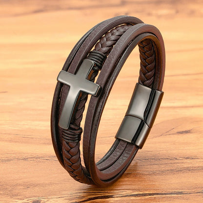 Pulseira Masculina de Couro com Cruz