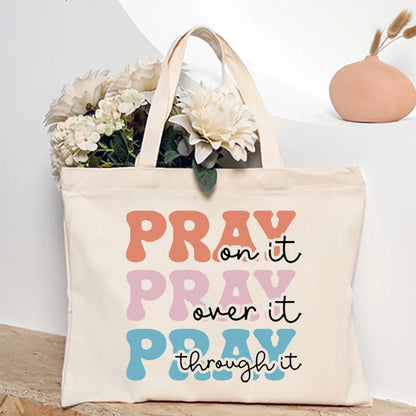 Bolsa Feminina de Lona com Estampa Cristã e Zíper