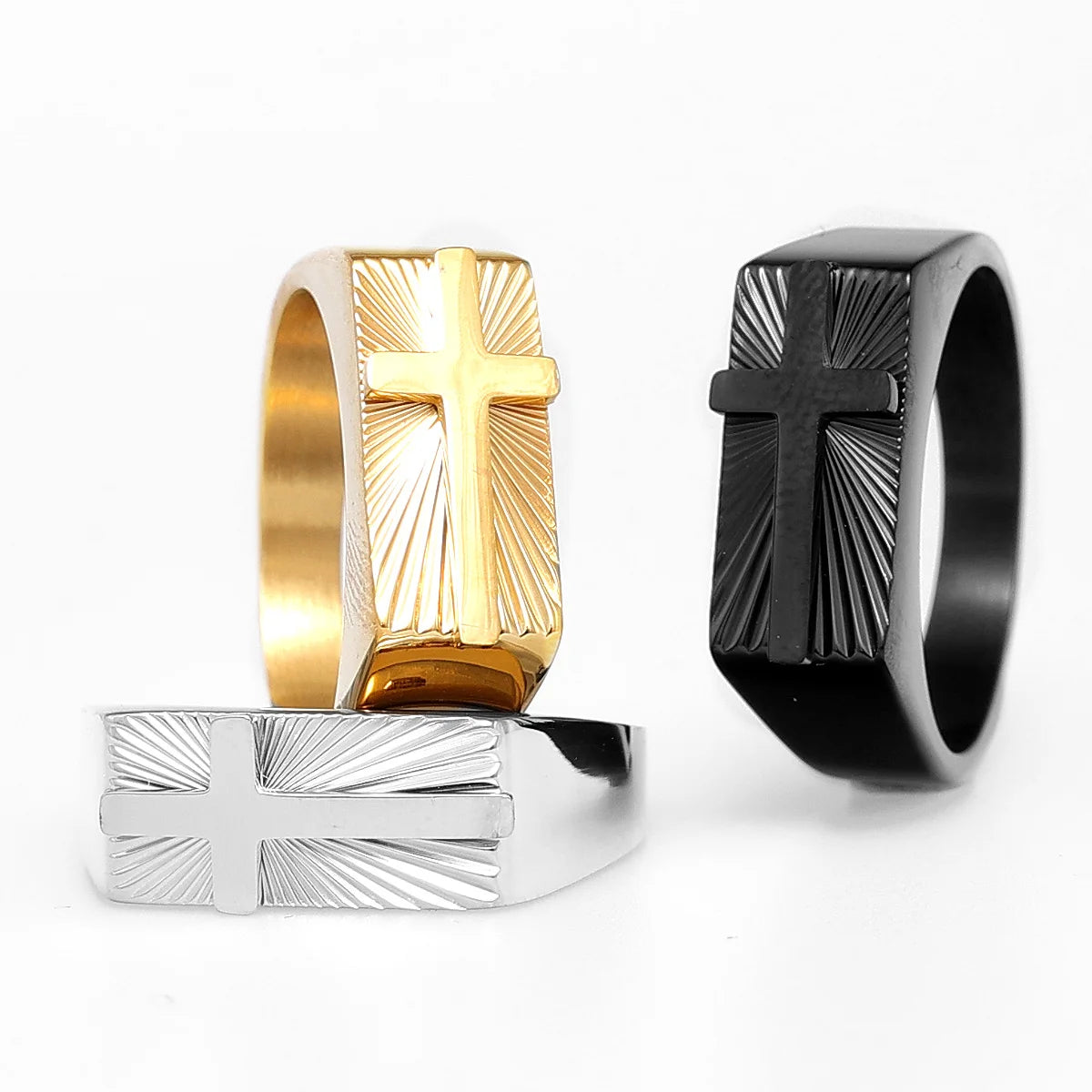 Anel Cruz Esculpida em Aço Inoxidável 316L para Homens