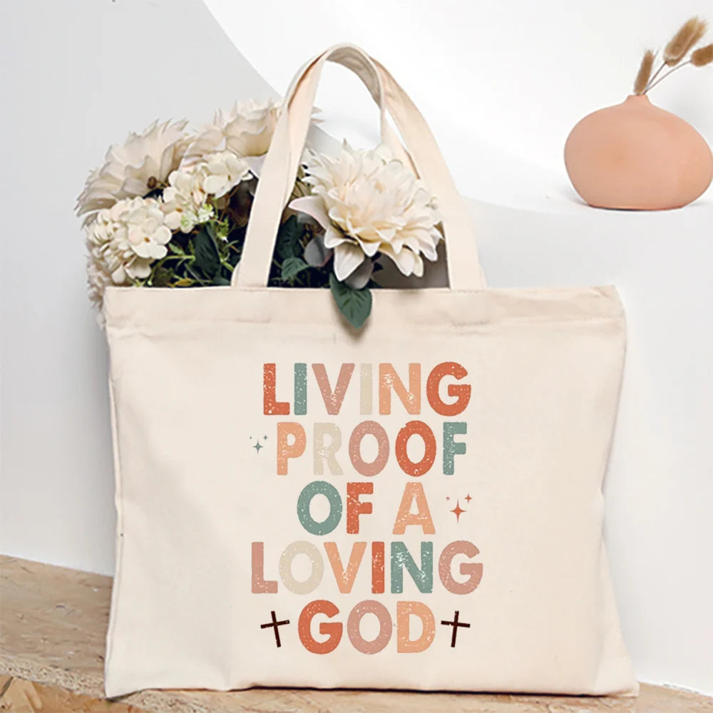 Bolsa Feminina de Lona com Estampa Cristã e Zíper