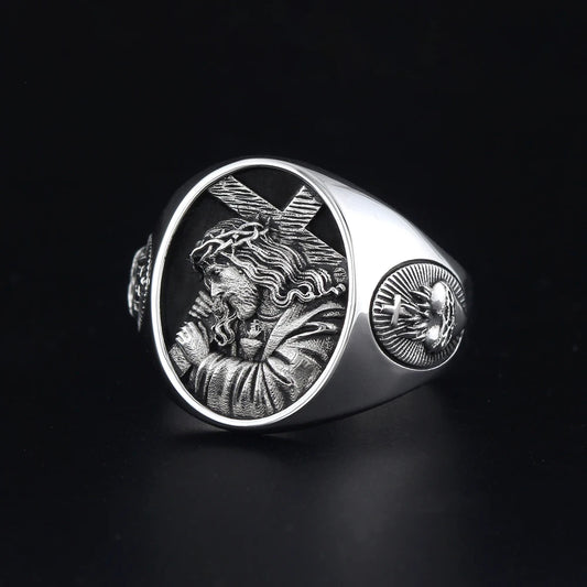 Anel Religioso em Prata 925 com Jesus e o Sagrado Coração