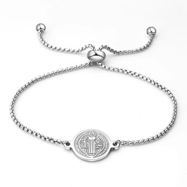 Pulseira Medalha São Bento Prata em Aço Inoxidável Ajustável