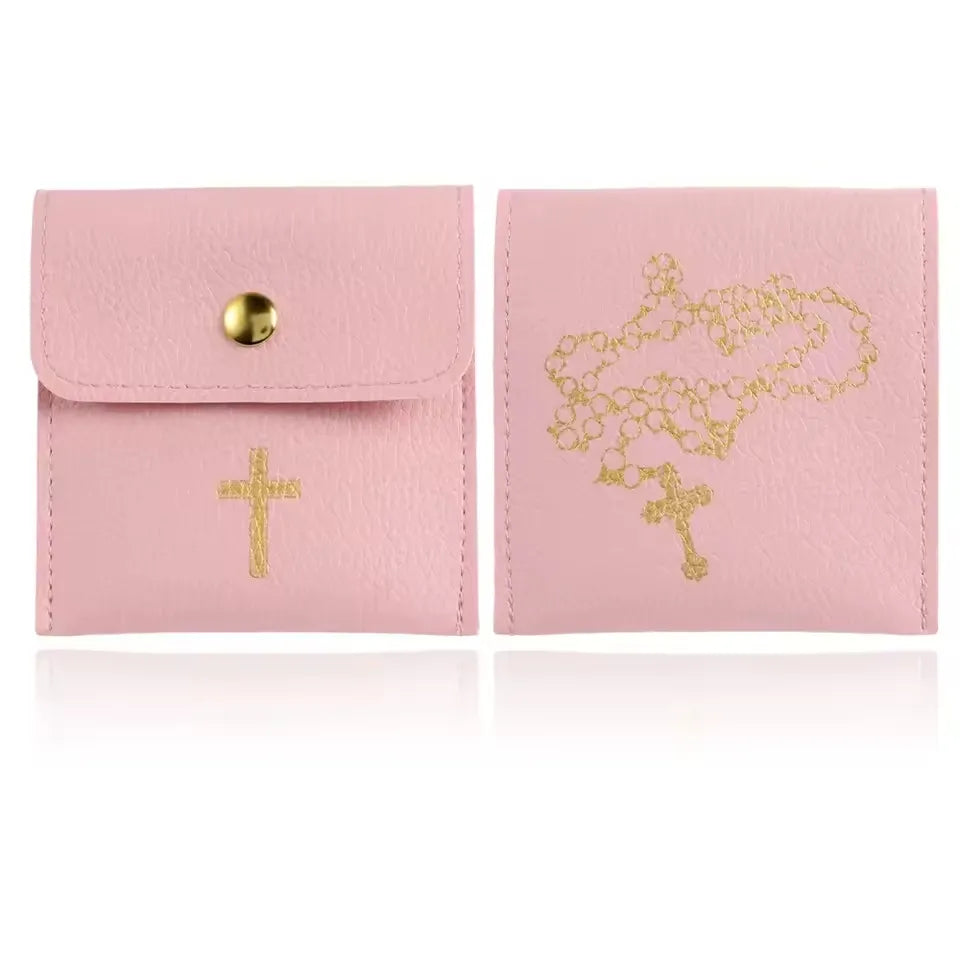 Bolsa Porta Terço em Couro com Cruz Dourada