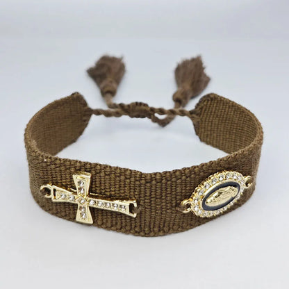 Pulseira de Corda Trançada com Cruz e Nossa Senhora de Guadalupe - Elegância e Fé