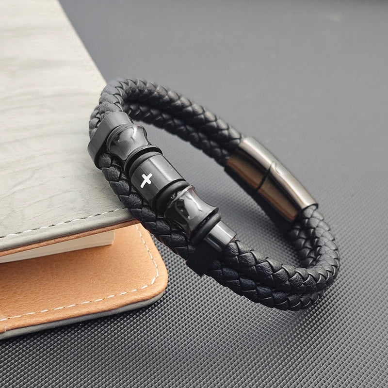 Pulseira Masculina de Couro com Cruz Devoto