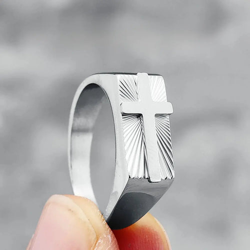 Anel Cruz Esculpida em Aço Inoxidável 316L para Homens