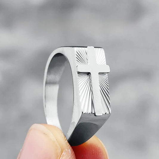 Anel Cruz Esculpida em Aço Inoxidável 316L para Homens
