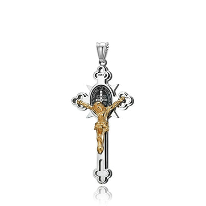 Colar Crucifixo Masculino Modelo Cruz de São Bento Prata e Dourado