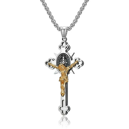 Colar Crucifixo Masculino Modelo Cruz de São Bento Prata e Dourado