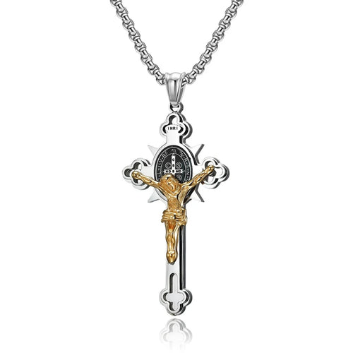 Colar Crucifixo Masculino Modelo Cruz de São Bento Prata e Dourado