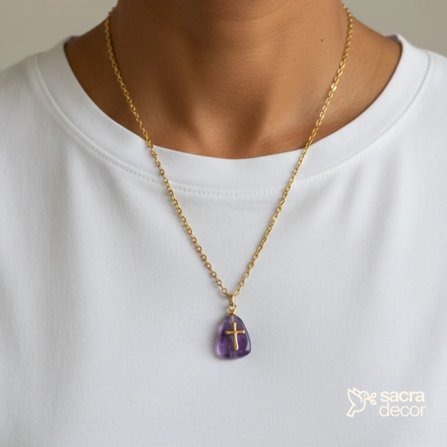 Colar Cruz de Pedra Natural em Aço Inoxidável