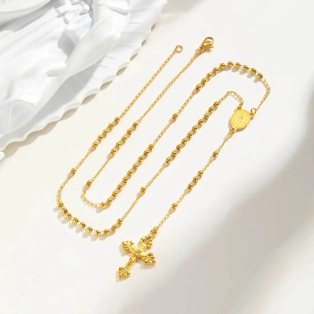 colar terço feminino dourado