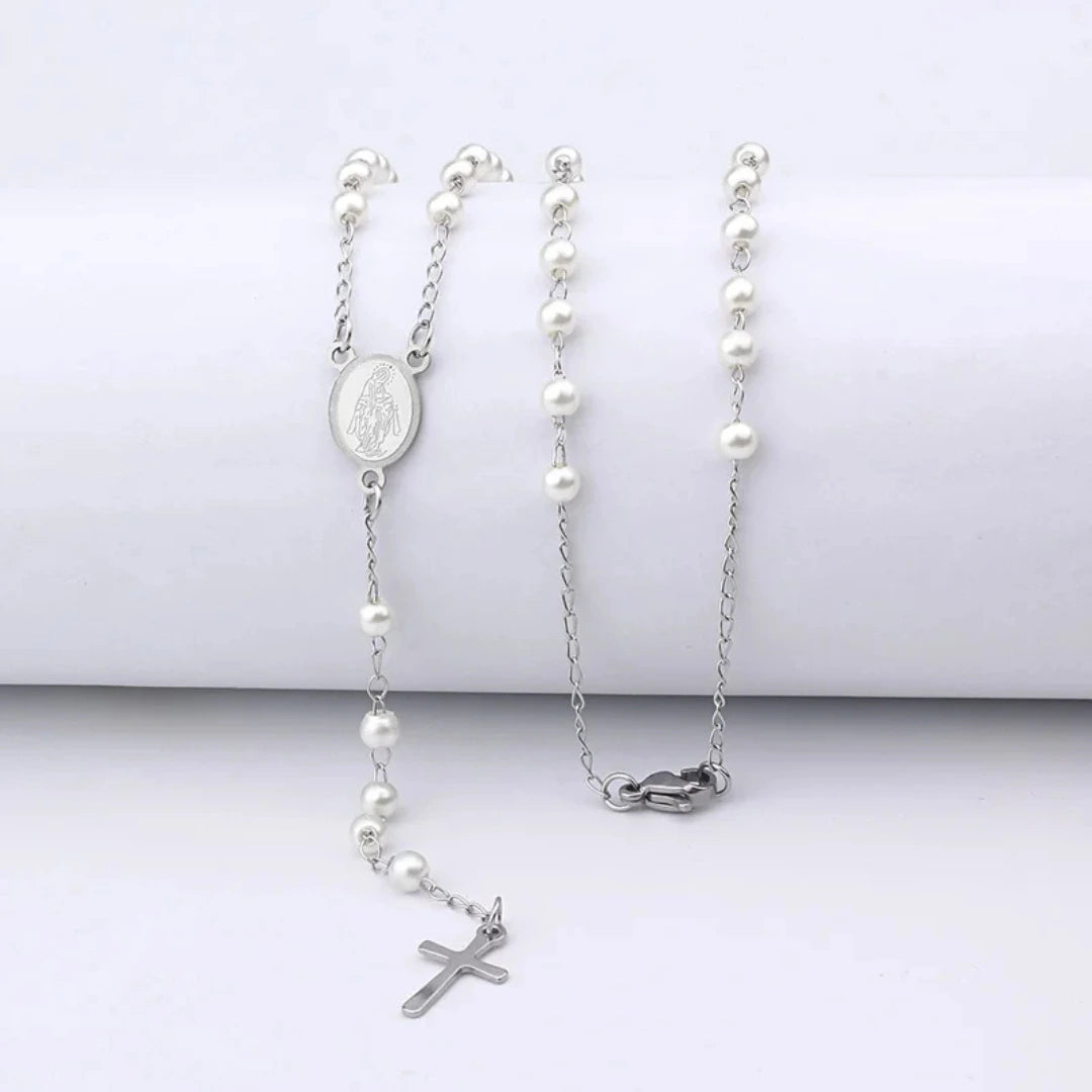 terço feminino, terço de pérola, terço branco, Terço de Nossa Senhora das Graças, colar terço