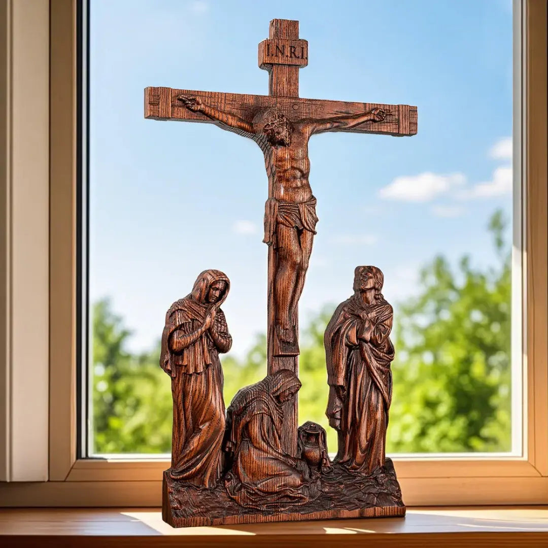 Crucifixo do Calvário em Madeira Maciça de Faia Europeia 25cm