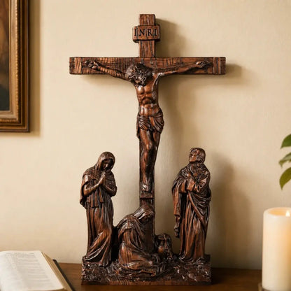 Crucifixo do Calvário em Madeira Maciça de Faia Europeia 25cm