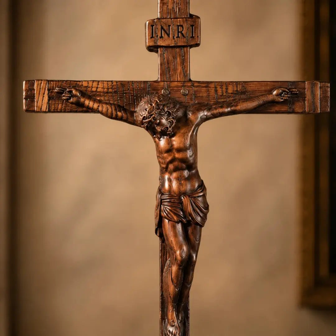 Crucifixo do Calvário em Madeira Maciça de Faia Europeia 25cm