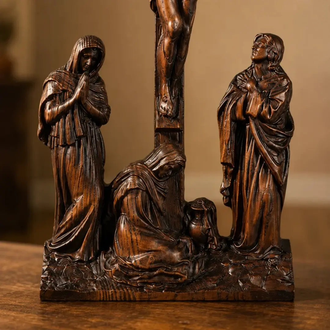 Crucifixo do Calvário em Madeira Maciça de Faia Europeia 25cm