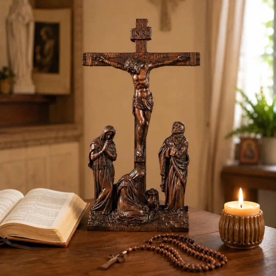 Crucifixo do Calvário em Madeira Maciça de Faia Europeia 25cm