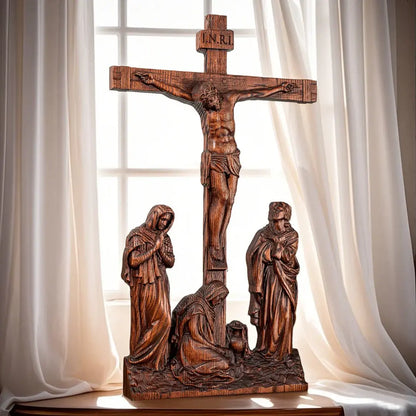 Crucifixo do Calvário em Madeira Maciça de Faia Europeia 25cm