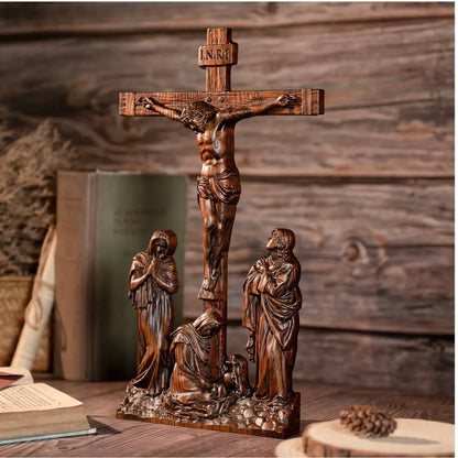 Crucifixo do Calvário em Madeira Maciça de Faia Europeia 25cm
