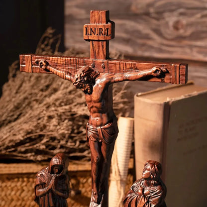 Crucifixo do Calvário em Madeira Maciça de Faia Europeia 25cm