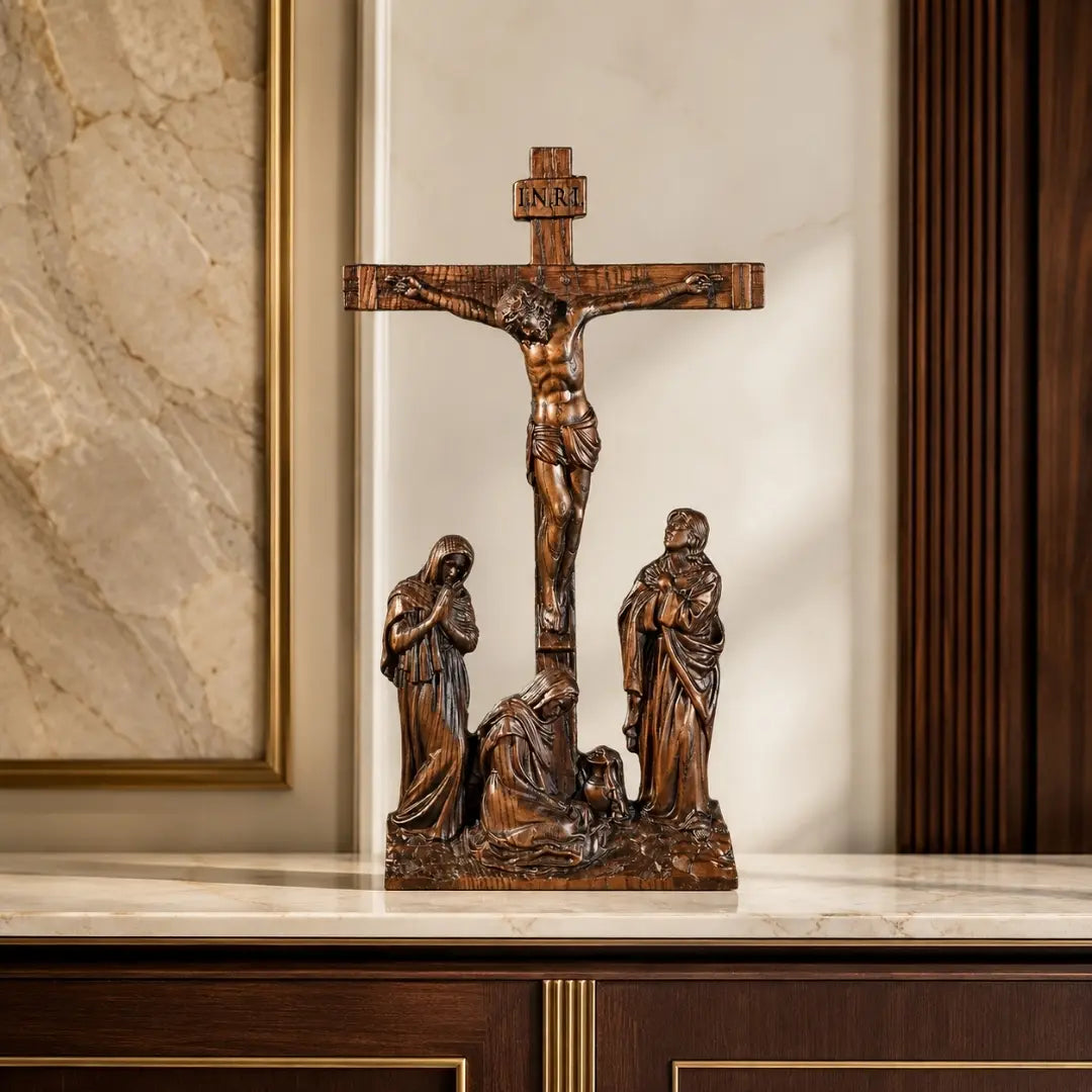 Crucifixo do Calvário em Madeira Maciça de Faia Europeia 25cm