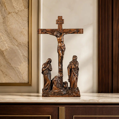 Crucifixo do Calvário em Madeira Maciça de Faia Europeia 25cm