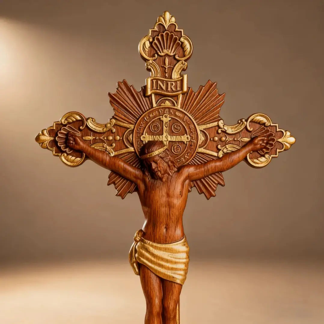 Cruz de São Bento em Madeira de Faia Europeia com Detalhes Dourados