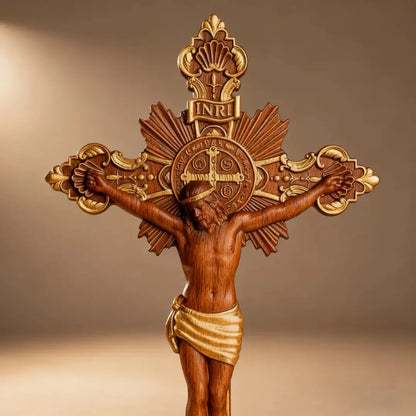 Cruz de São Bento em Madeira de Faia Europeia com Detalhes Dourados
