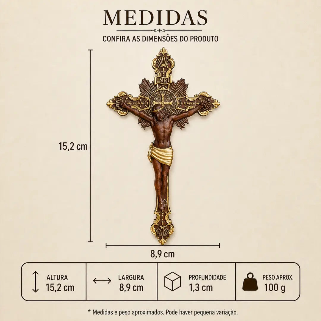 Cruz de São Bento em Madeira de Faia Europeia com Detalhes Dourados 15cm
