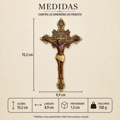 Cruz de São Bento em Madeira de Faia Europeia com Detalhes Dourados 15cm