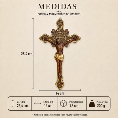 Cruz de São Bento em Madeira de Faia Europeia com Detalhes Dourados 25cm