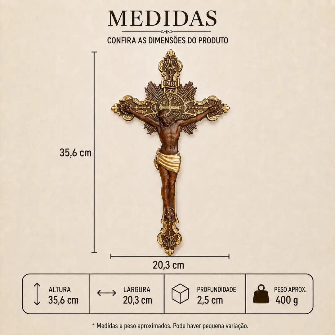 Cruz de São Bento em Madeira de Faia Europeia com Detalhes Dourados 35cm