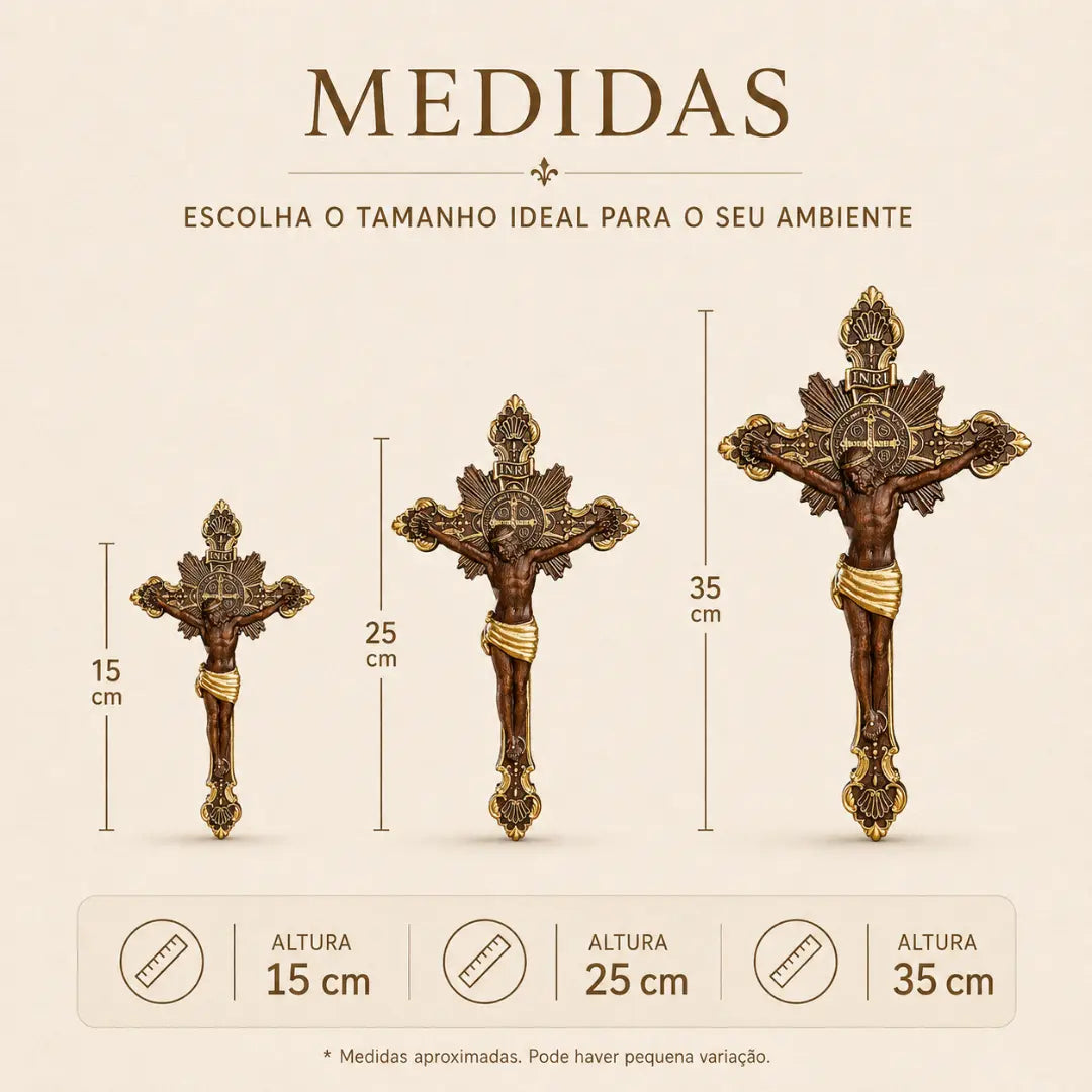 Cruz de São Bento em Madeira de Faia Europeia com Detalhes Dourados